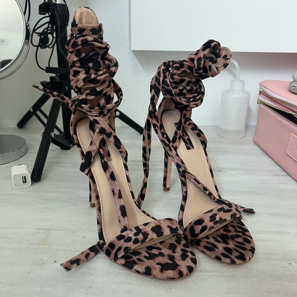 Cheetah lace up heels open toe brand new - Picture 1 of 4